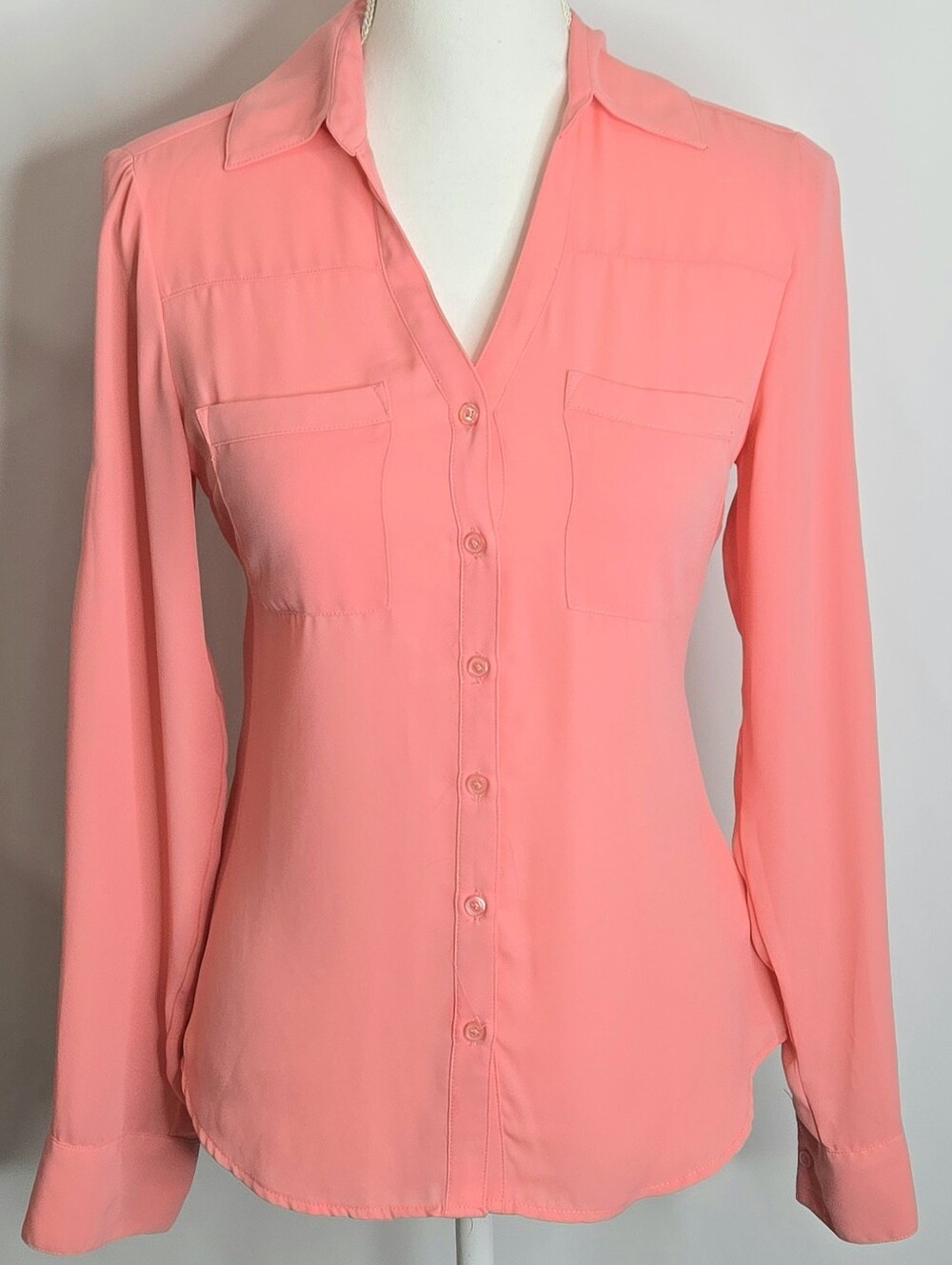 Express Portofino Coral Pink Button Front Pocket Blouse Long Sleeve‎ NWOT XS